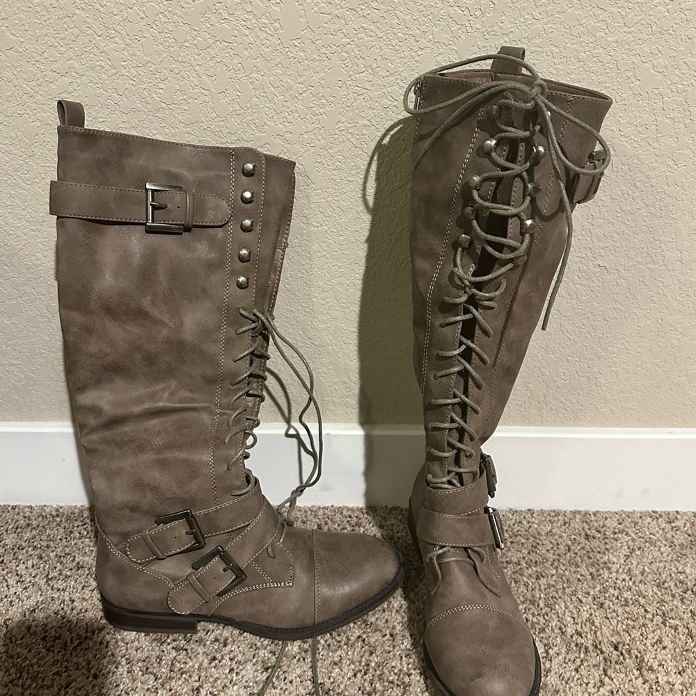 Women's Taupe Lace-Up Knee-High Boots